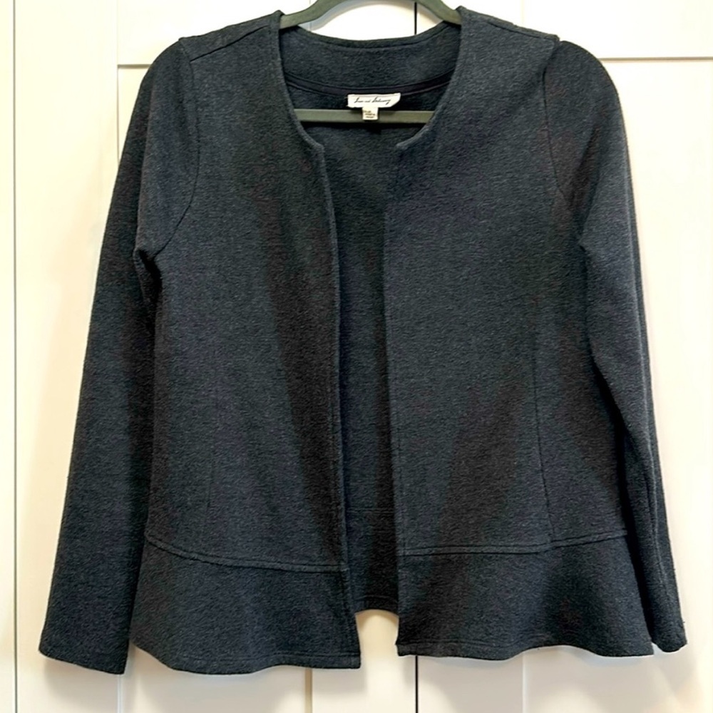 Dark Gray Open Front Ruffle Edge Sweater Jacket Cardian Sz MED By Jane & Delaney